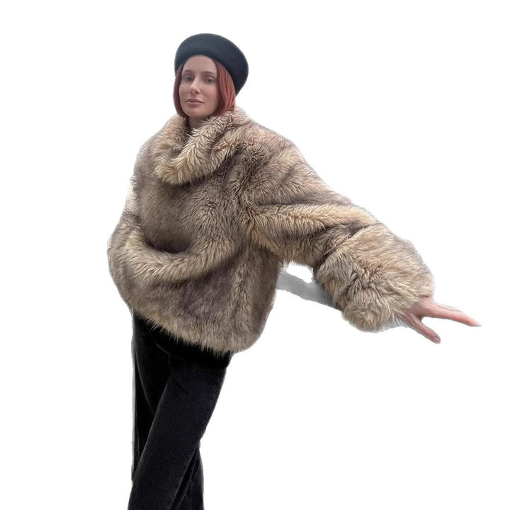 Women's Short Cut Faux-Fur Boxy Coat with Hood and Zip Amarae
