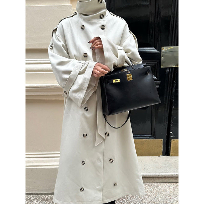 Women's Long Oversized Trench Coat with High Stand Collar, Bell Sleeves and Tie Belt Amarae