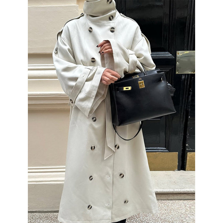Women's Long Oversized Trench Coat with High Stand Collar, Bell Sleeves and Tie Belt Amarae