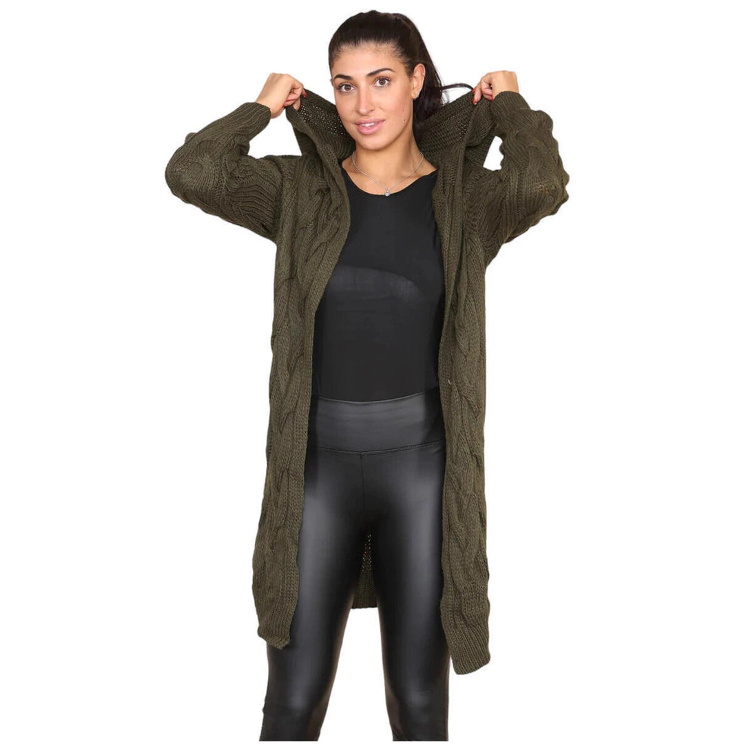 Long knitted coat for women with an elegant cable pattern and hood Lune London
