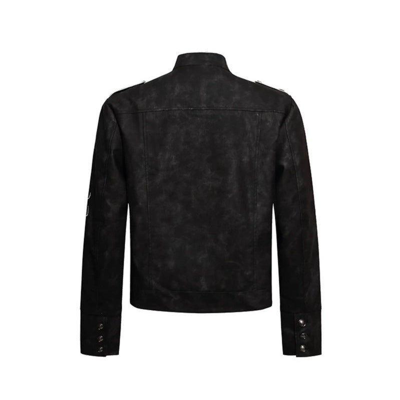 Men's military-inspired leather jacket with stand-up collar, decorative button rows, and embroidered sleeves Amarae