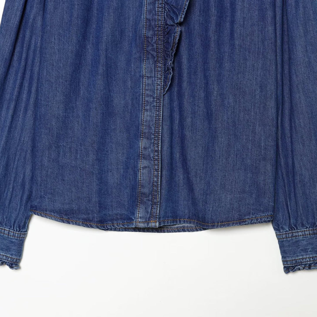Women's denim blouse with ruffled button placket and stand-up collar Amarae