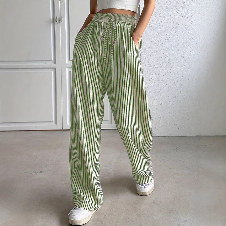 Wide striped pants for women with elastic waist and practical pockets Lune London