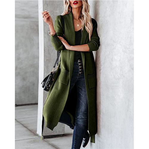 Ladies elegant long cardigan with waist belt and chic pockets and style