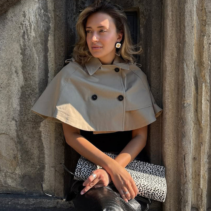 Women's Short Cape Trench with Lapel Collar, Double Button Placket and Boxy Cropped Cut Amarae