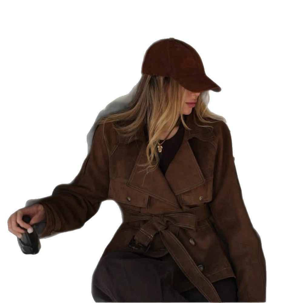 Women's Short Cut Suede Trench Coat with Waist Belt and Adjustable Cuffs Amarae