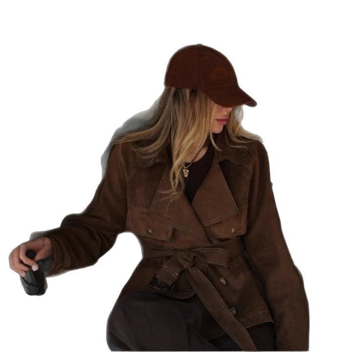 Women's Short Cut Suede Trench Coat with Waist Belt and Adjustable Cuffs Amarae