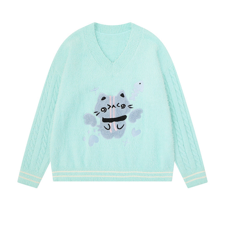 Women's V-neck knitted sweater with cable sleeves and chenille cat motif Amarae