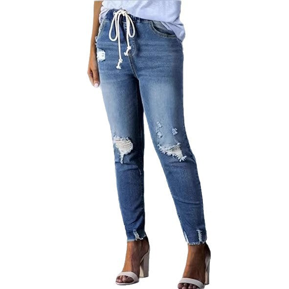 Women Cropped Denim Jeans with Drawstring Waistband, Destroyed Knee Areas and Raw Hem Amarae