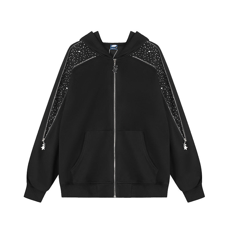 Women's hooded sweat jacket with decorative stone shoulder panel, star zipper, and oversized silhouette Amarae