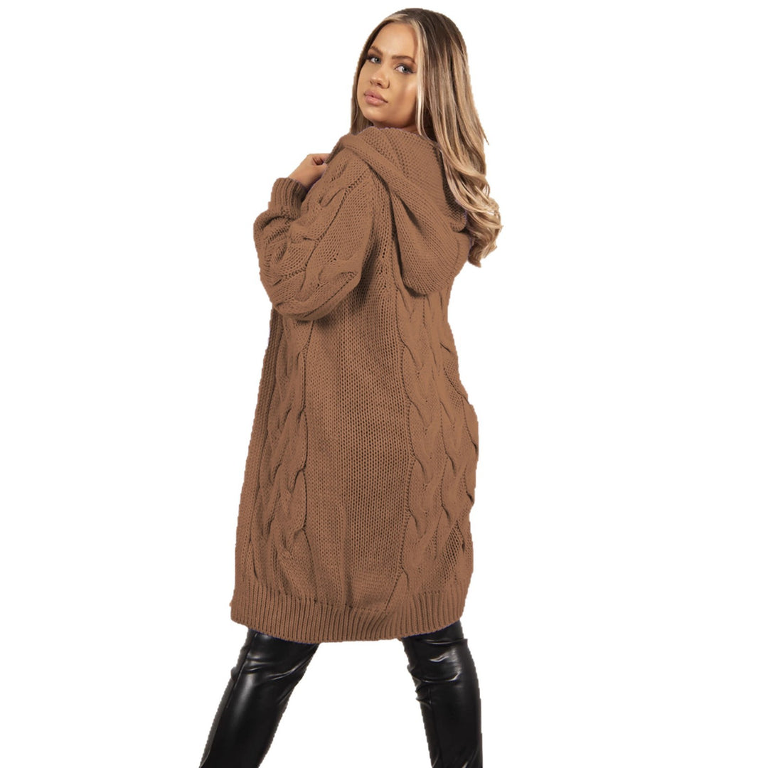 Knit coat for women with hood and elaborate braid pattern structure Lune London
