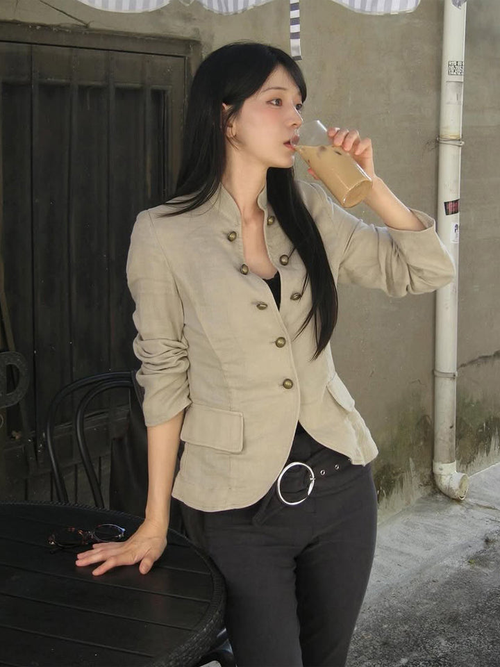 Women Tailored Linen Blazer with Stand-up Collar and Decorative Button Placket Amarae