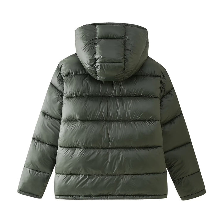 Ladies quilted winter down jacket with hood and practical entry pockets Lune London