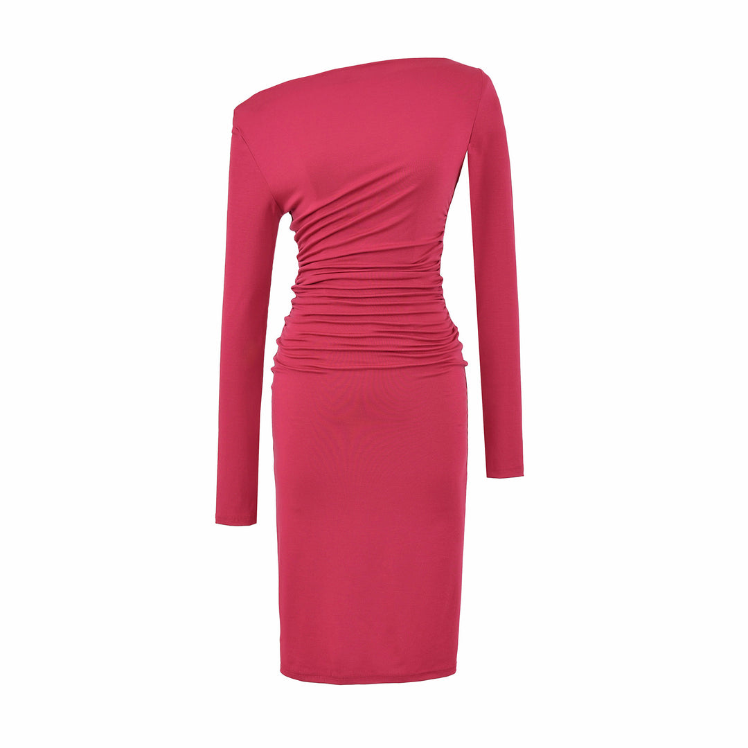 Women's Asymmetric One-Shoulder Midi Dress with Gathering and Long Sleeve Amarae