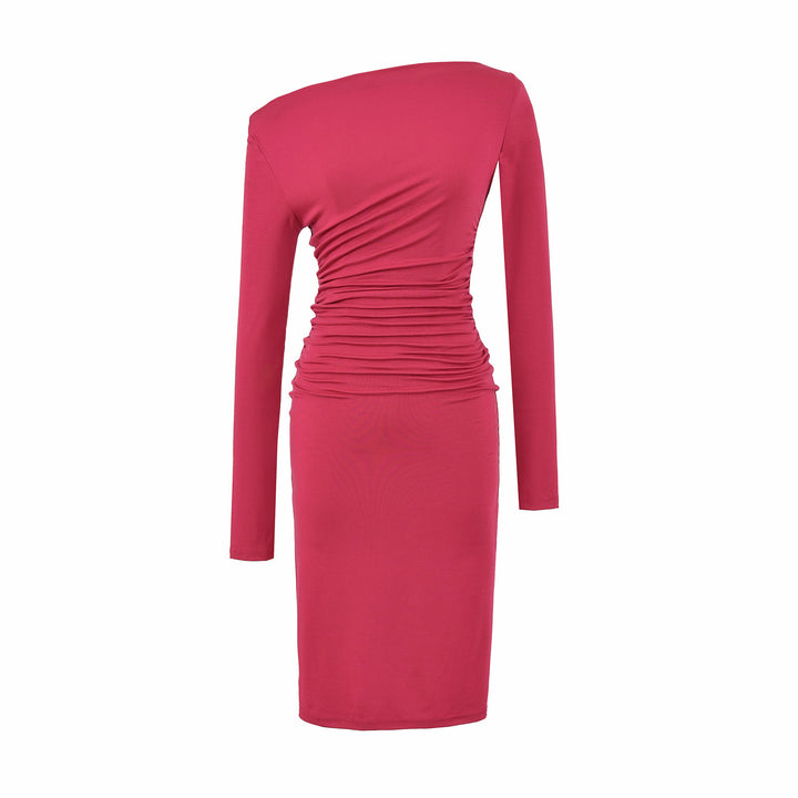 Women's Asymmetric One-Shoulder Midi Dress with Gathering and Long Sleeve Amarae