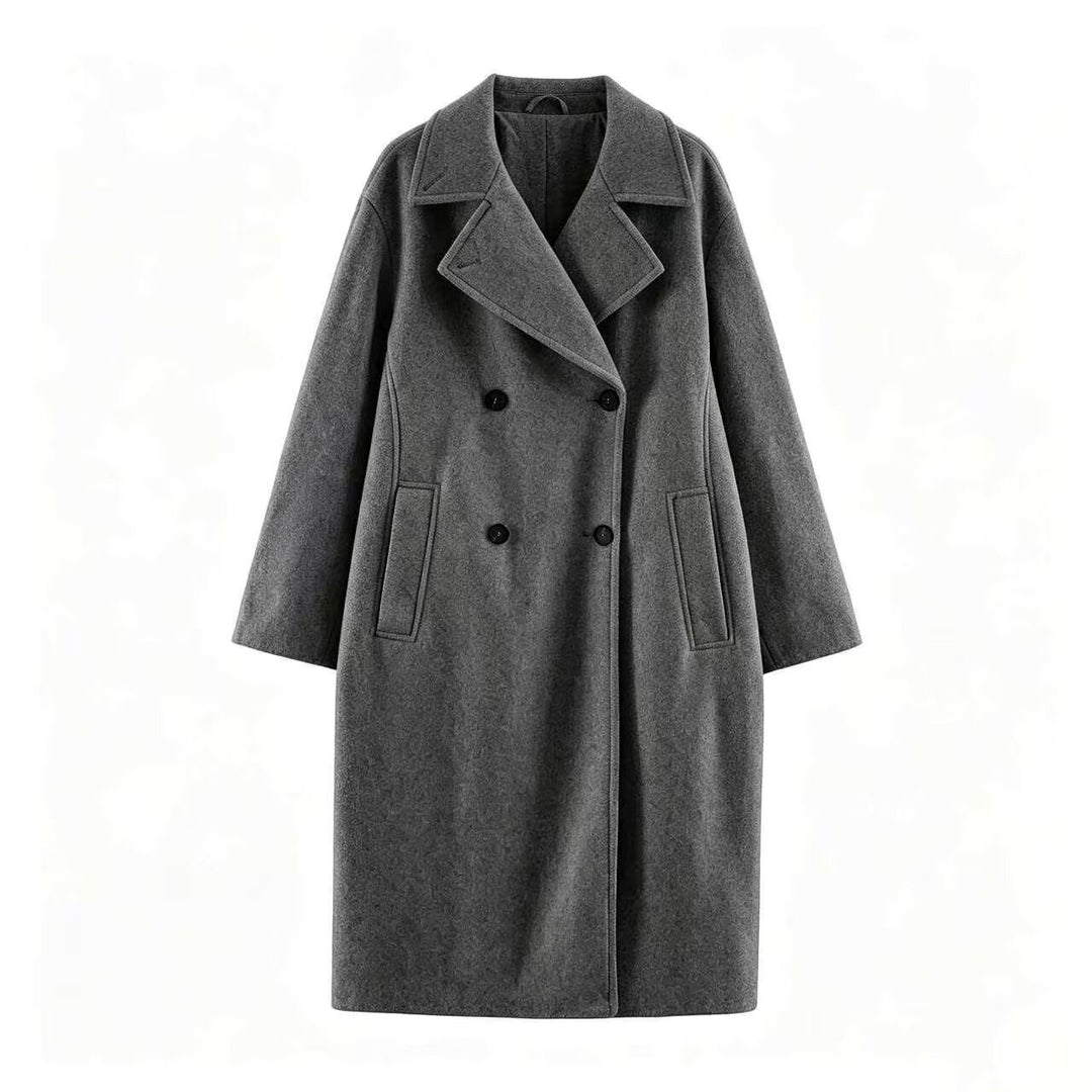 Women Mid-Length Wool Blend Double-Breasted Coat with Wide Lapels and Side Pockets Amarae