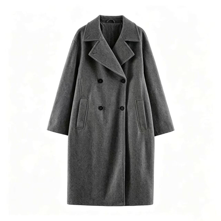 Women Mid-Length Wool Blend Double-Breasted Coat with Wide Lapels and Side Pockets Amarae