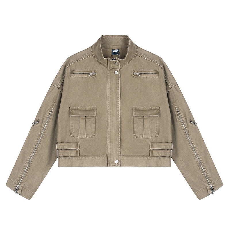 Women's Cropped Utility Jacket with Stand Collar, Multiple Pockets and Zip Sleeves Amarae