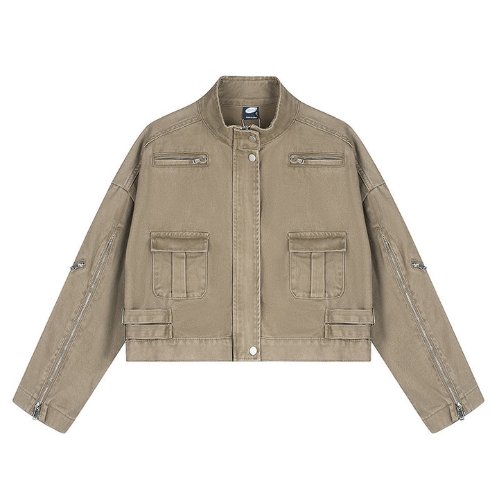 Women's Cropped Utility Jacket with Stand Collar, Multiple Pockets and Zip Sleeves Amarae