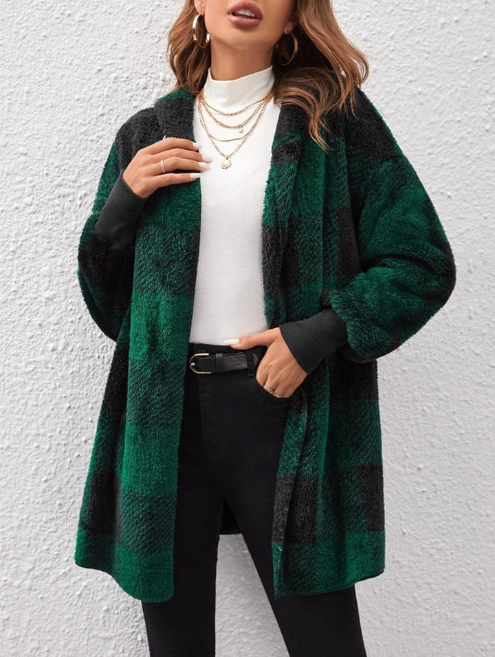 Ladies Cozy Fleece Jacket with Checkered Pattern and Hooded Design Lune London