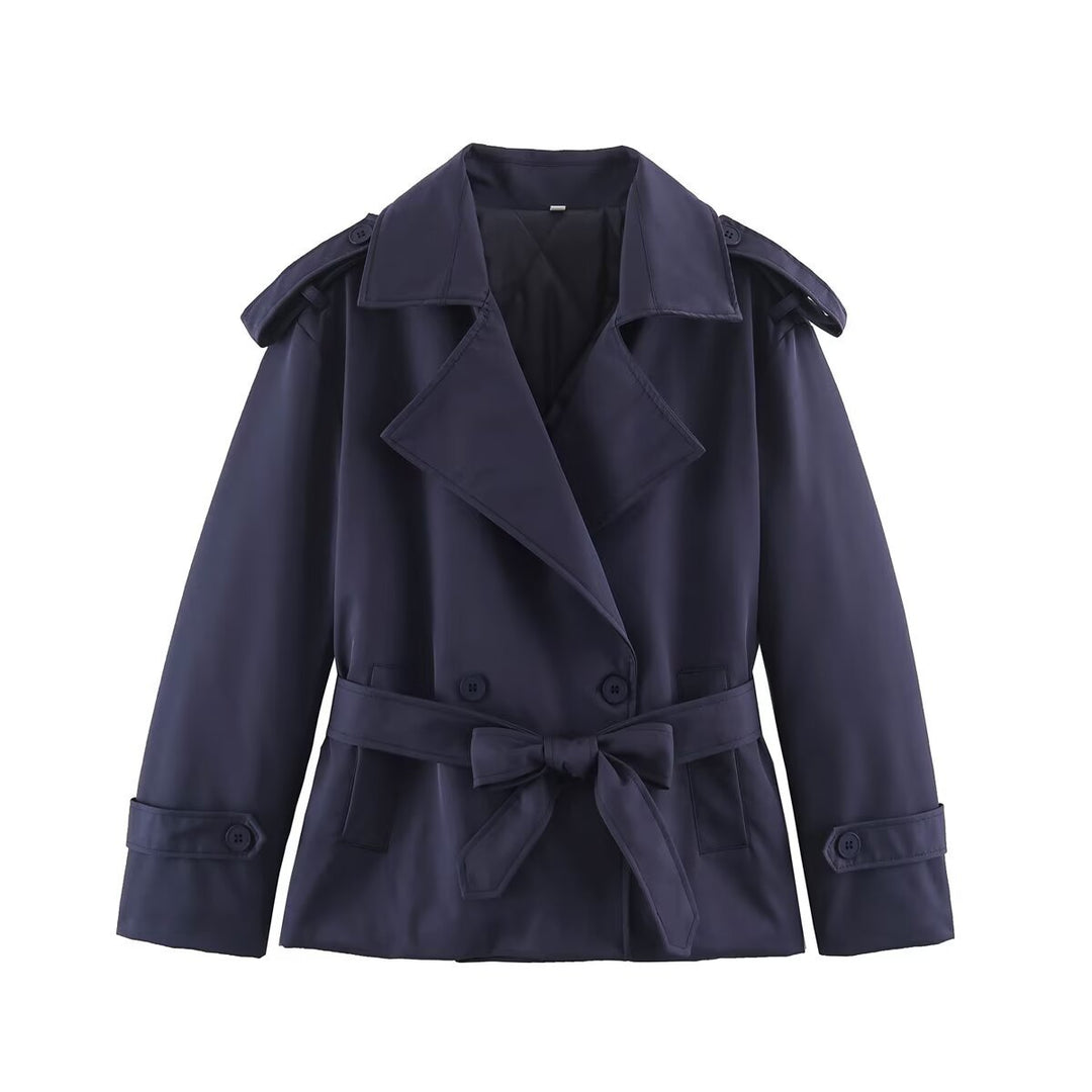 Women's Tailored Short Trench Coat with Tie Belt and Shoulder Patches Amarae