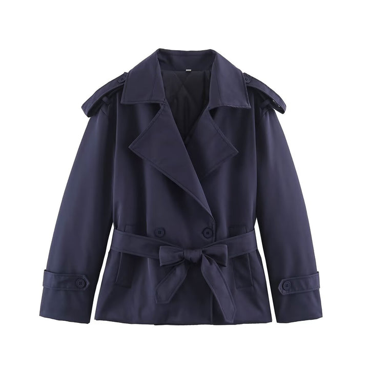Women's Tailored Short Trench Coat with Tie Belt and Shoulder Patches Amarae