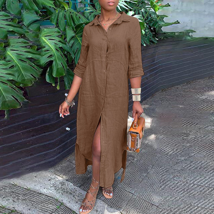 Women's button-up shirt dress with a continuous button placket, side slits, and 3/4 sleeves Amarae