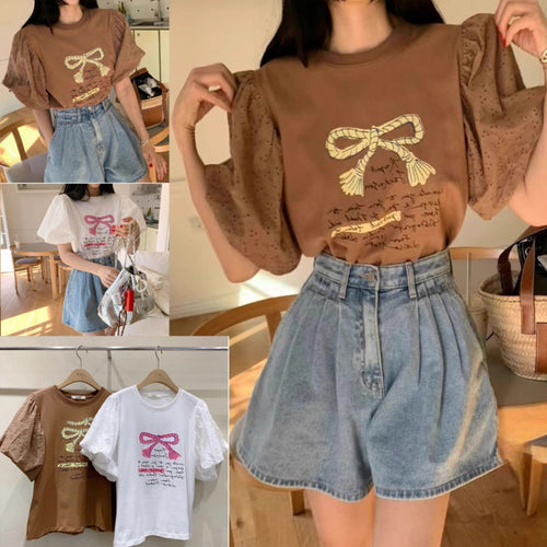 Amarae women's puff sleeve graphic tee set and high waisted denim shorts