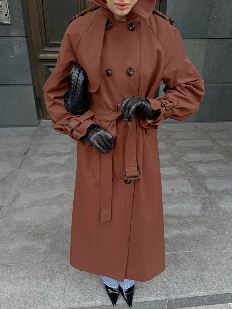 Women long cut water-repellent trench coat with high stand-up collar and waist belt Amarae
