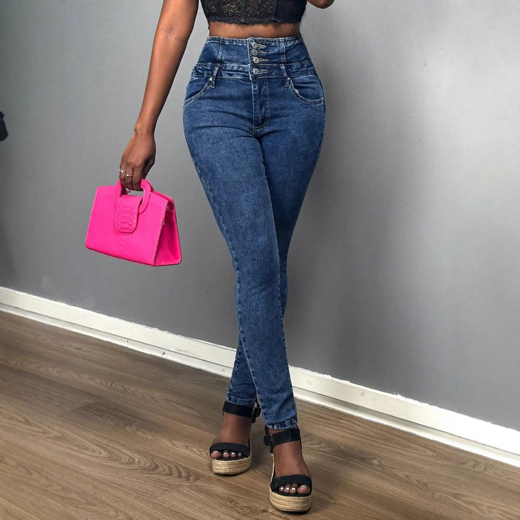 Women's high-waisted skinny jeans with triple button waistband and shaping fit Amarae