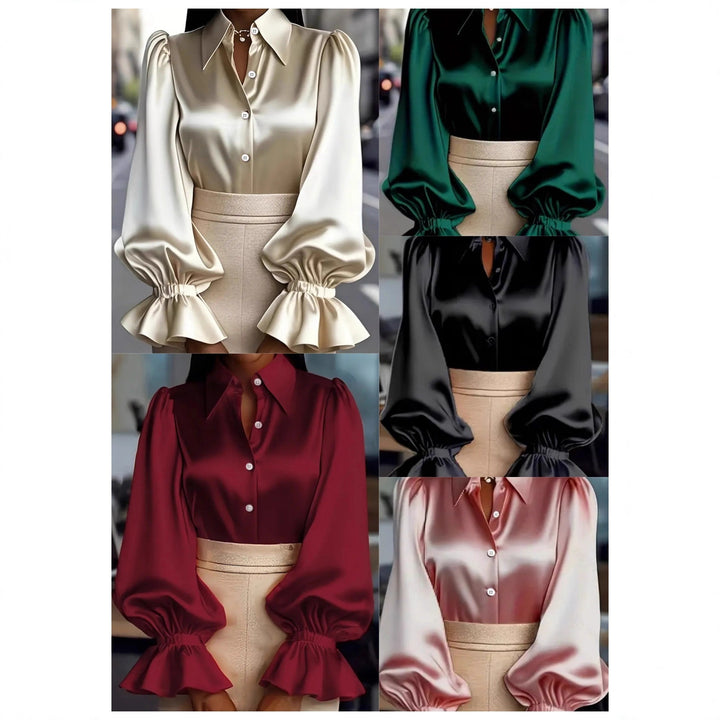 Ladies elegant silk blouse with puff sleeves and chic button placket Lune London