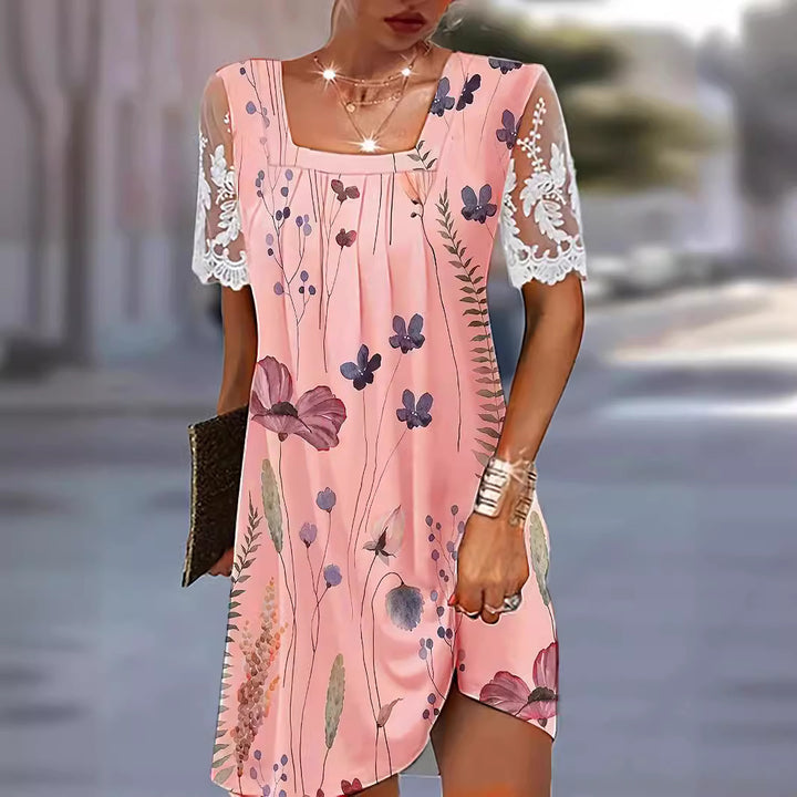 Floral print tunic dress for women with lace sleeves Lune London