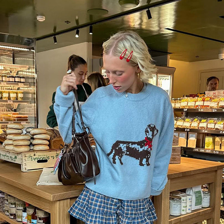 Women's knit sweater with dachshund intarsia and relaxed oversized fit Amarae