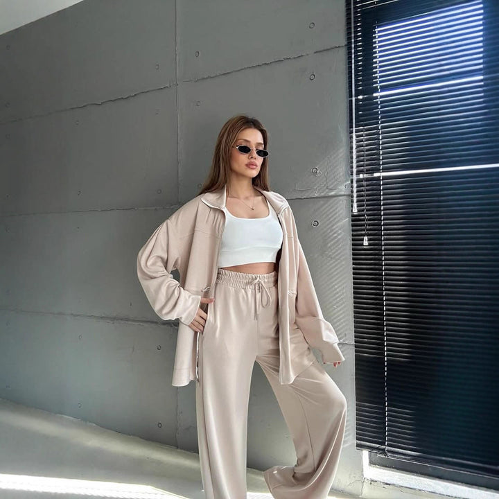 Elegant satin sports set for women with adjustable waist and high collar Lune London