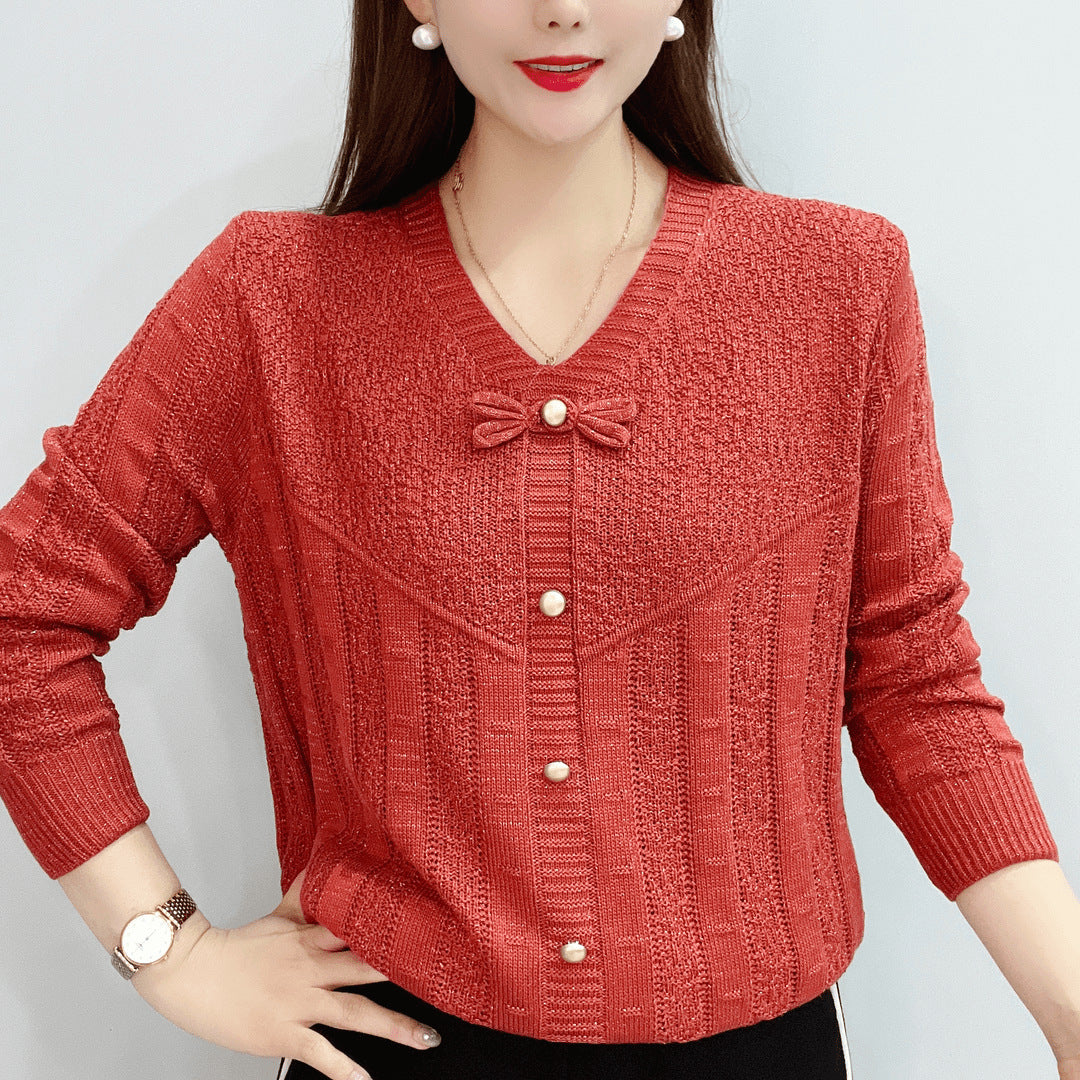 Women knit top with decorative pearl buttons and a refined bow design Lune London