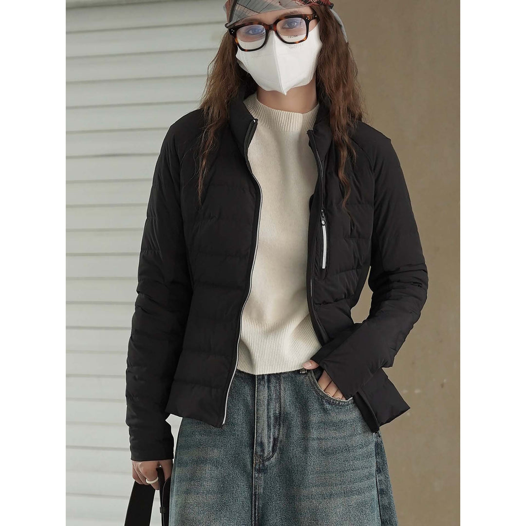 Women Short Quilted Jacket with High Collar and Two-Way Zipper Amarae