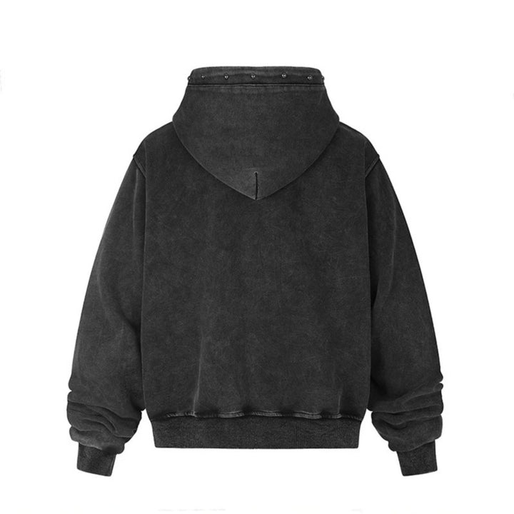 Men's hooded sweat jacket with vintage wash, oversized cut, patch print and studded accents Amarae