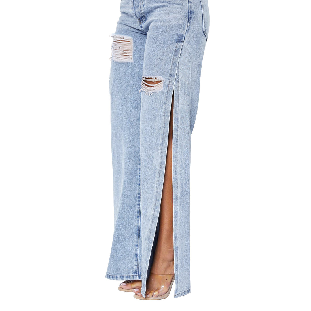 Ladies wide high-waist jeans with side leg slits, destroyed knee, and shaping waistband Amarae