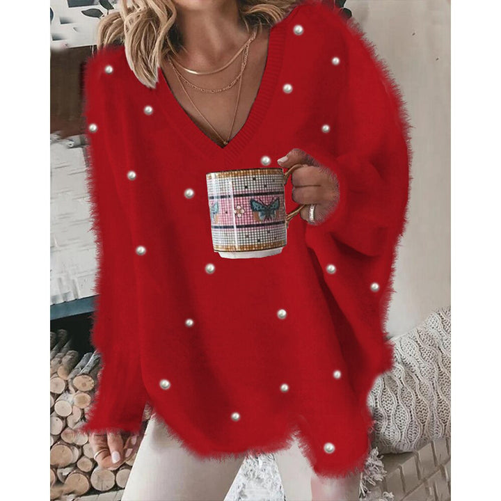Oversized women's V-neck sweater with pearls Lune London