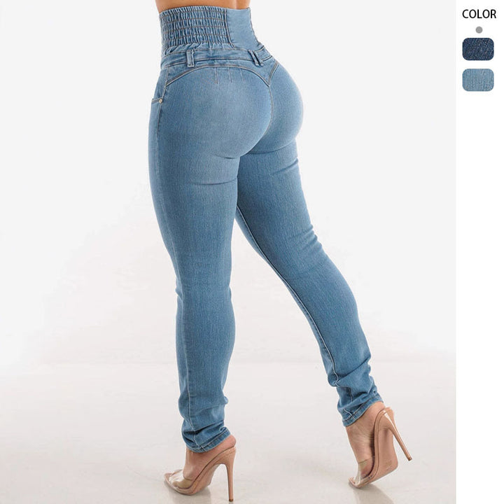 High-waisted women's jeans with elastic belt and decorative button closure Chic & Stil