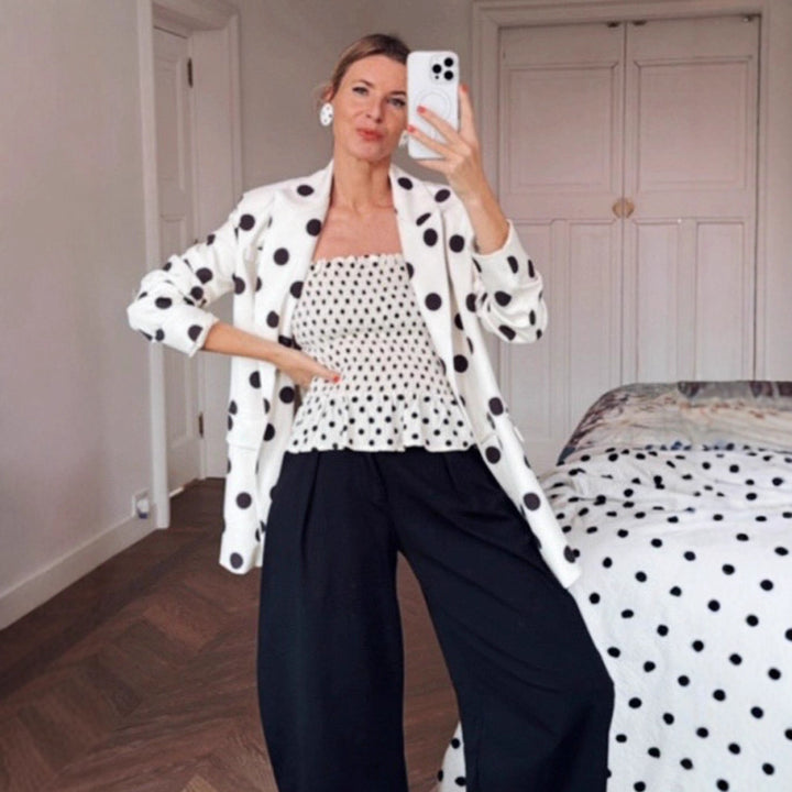 Women Polka Dot Long Blazer with Structured Shoulder and Oversized Cut Amarae