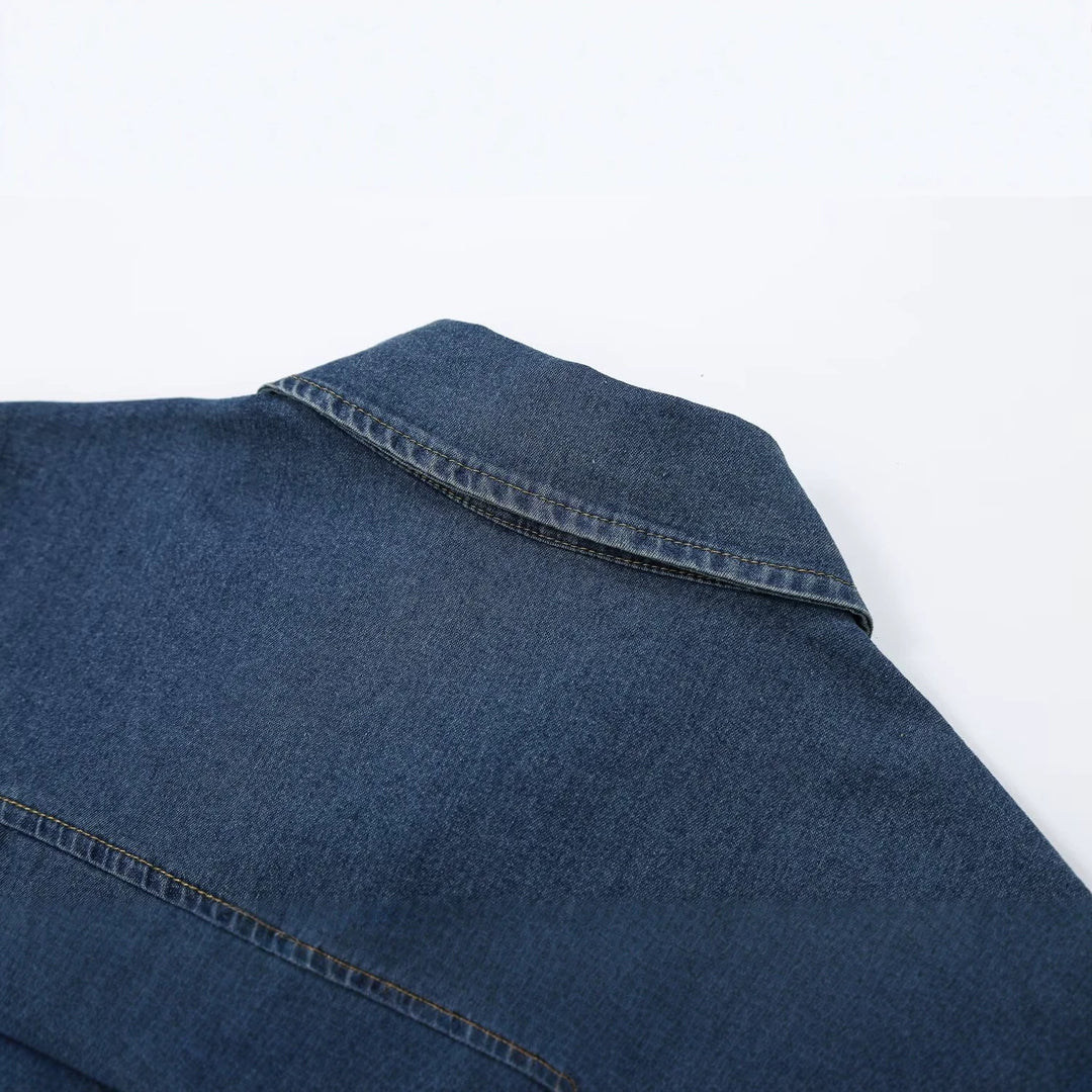 Women's Short Sleeve Denim Shirt Dress with Full Button Placket and Chest Flap Pockets Amarae