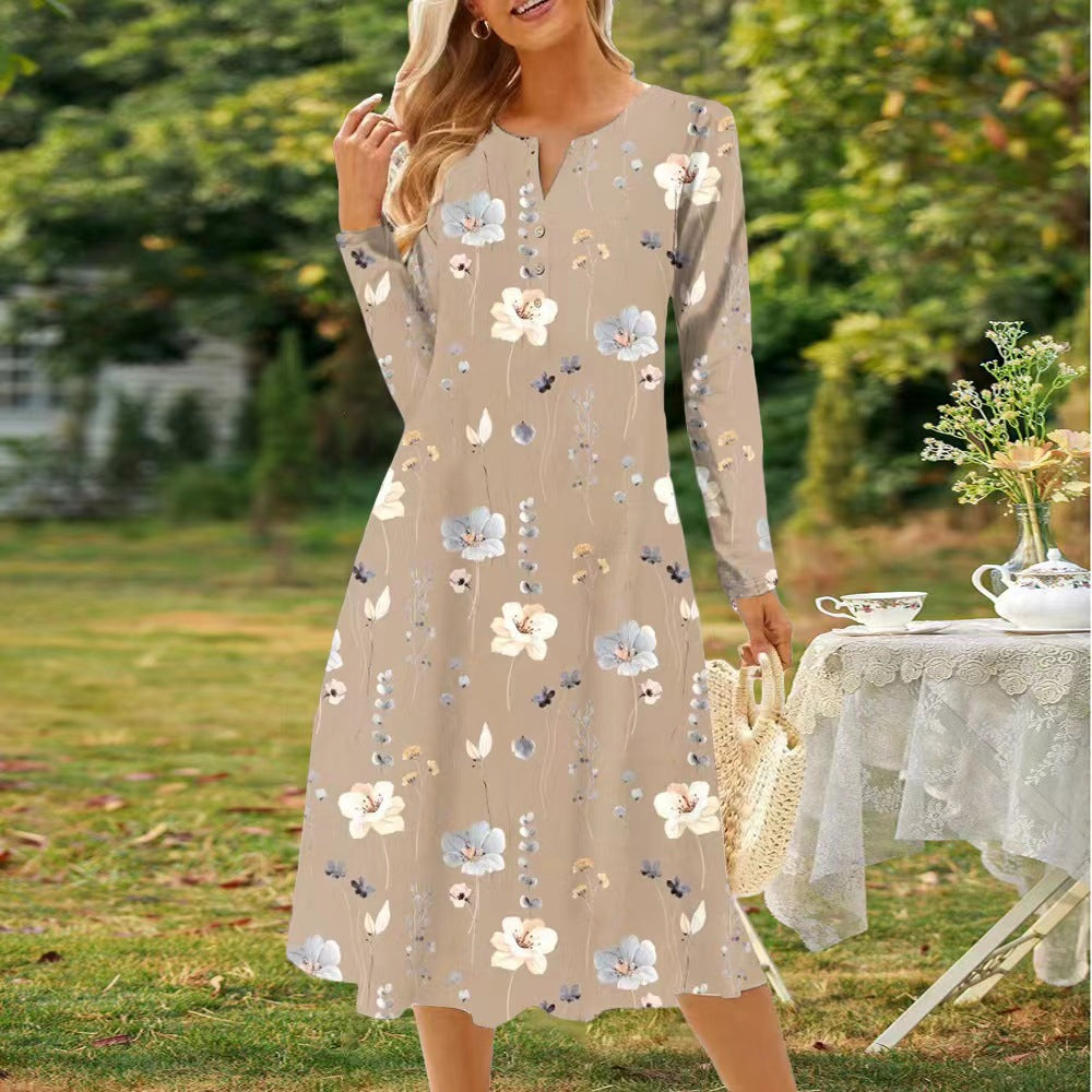Long sleeve dress for women with a floral design and a button closure all the way down Lune London