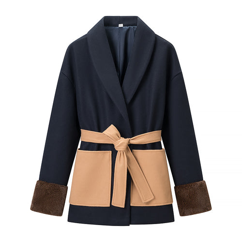 Dames Élégante Veste avec Ceinture et Décoration en Fausse Fourrure Chic & Stil