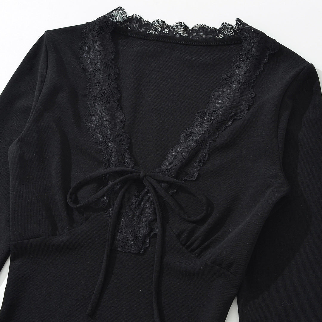 Women's Long Sleeve Shirt with Lace V-Neck and Tie Band Amarae