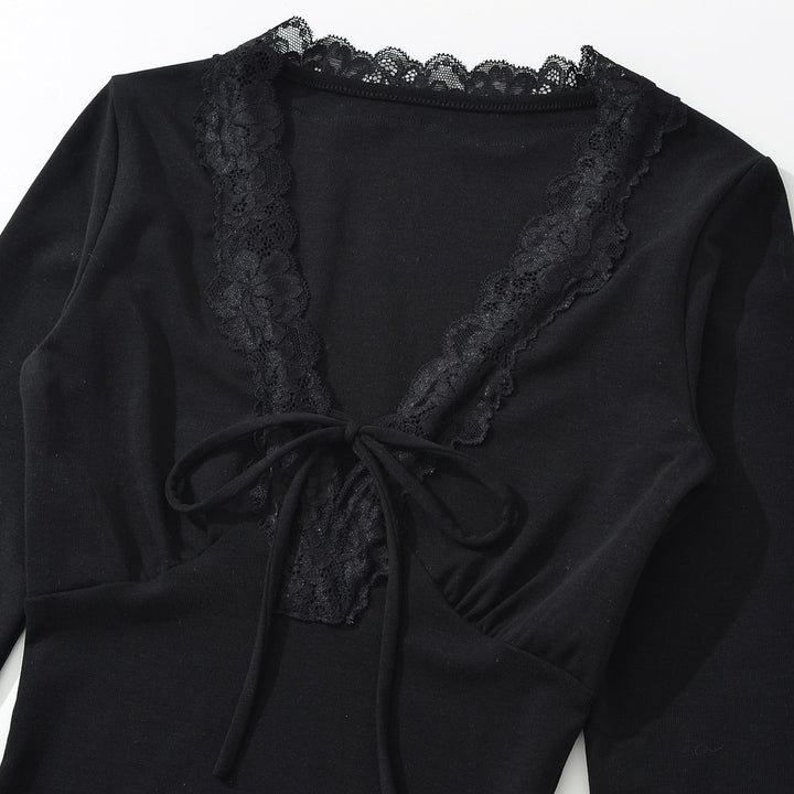 Women's Long Sleeve Shirt with Lace V-Neck and Tie Band Amarae