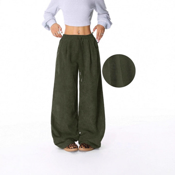 Ladies Wide Cord Pants with High Elastic Waist and Drawstring Amarae