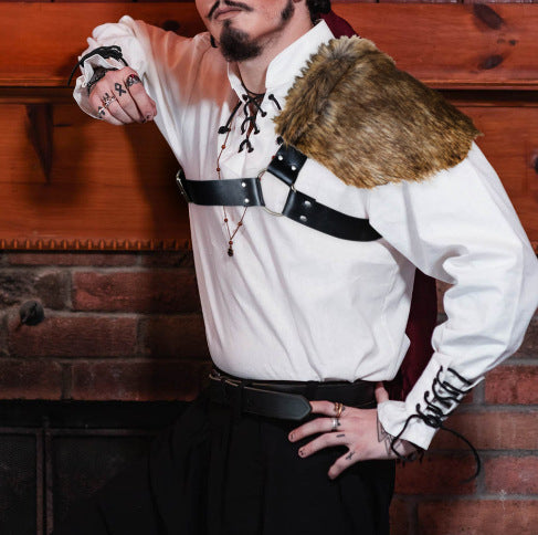 Men's asymmetrical shoulder harness with faux fur shoulder cape and adjustable leather straps Amarae