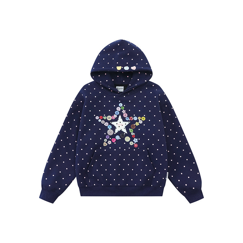 Women's hoodie with button star appliqué, allover polka dot and kangaroo pocket Amarae
