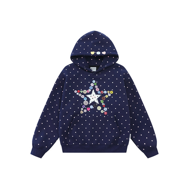 Women's hoodie with button star appliqué, allover polka dot and kangaroo pocket Amarae